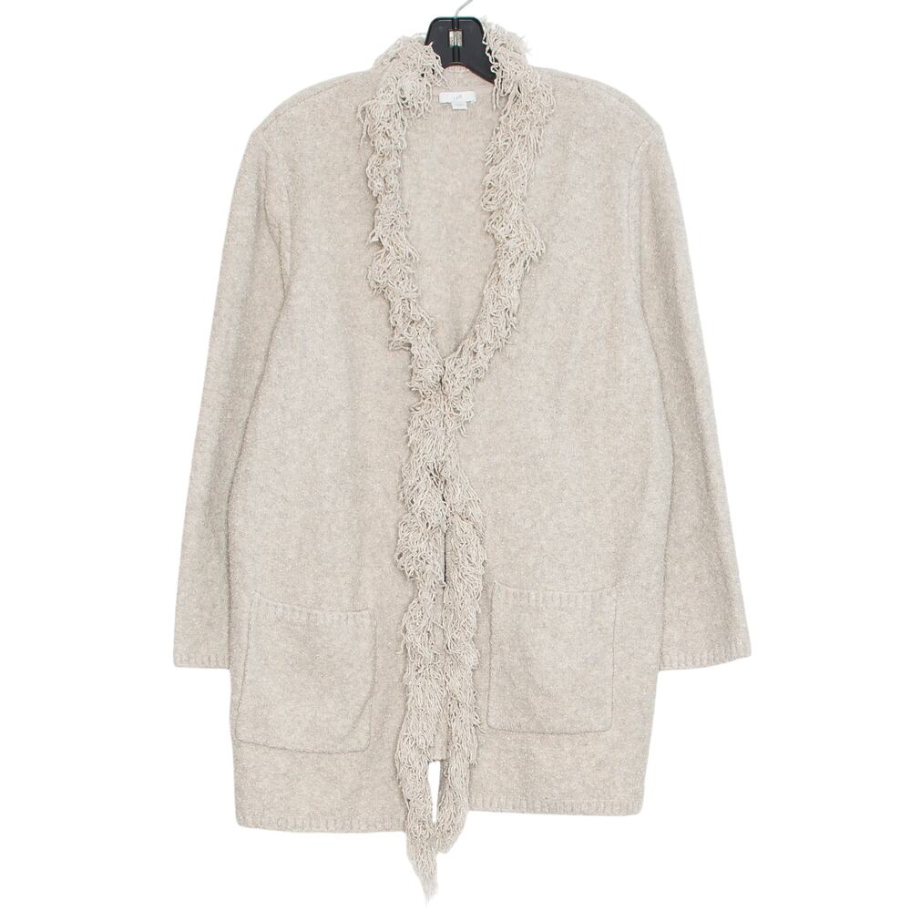 J Jill Cardigan Sweater Fringe Boho Cozy Neutral Lagenlook Minimalist Casual PL